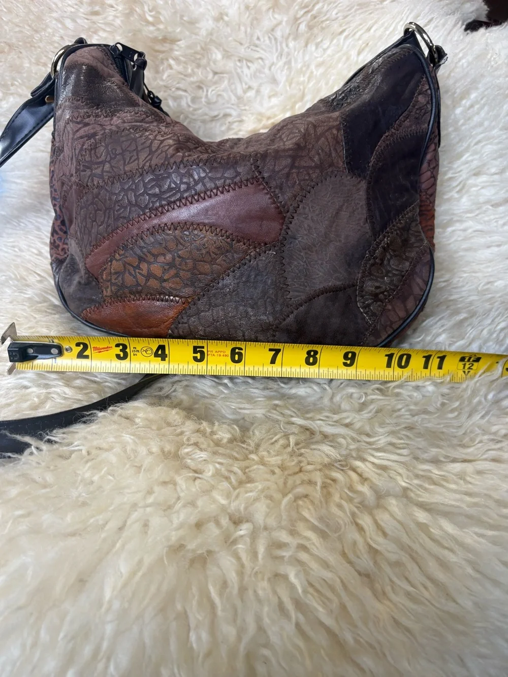 Vintage 70s Leather Patchwork Shoulder Bag Boho Multi Textured Earth Tone Purse
